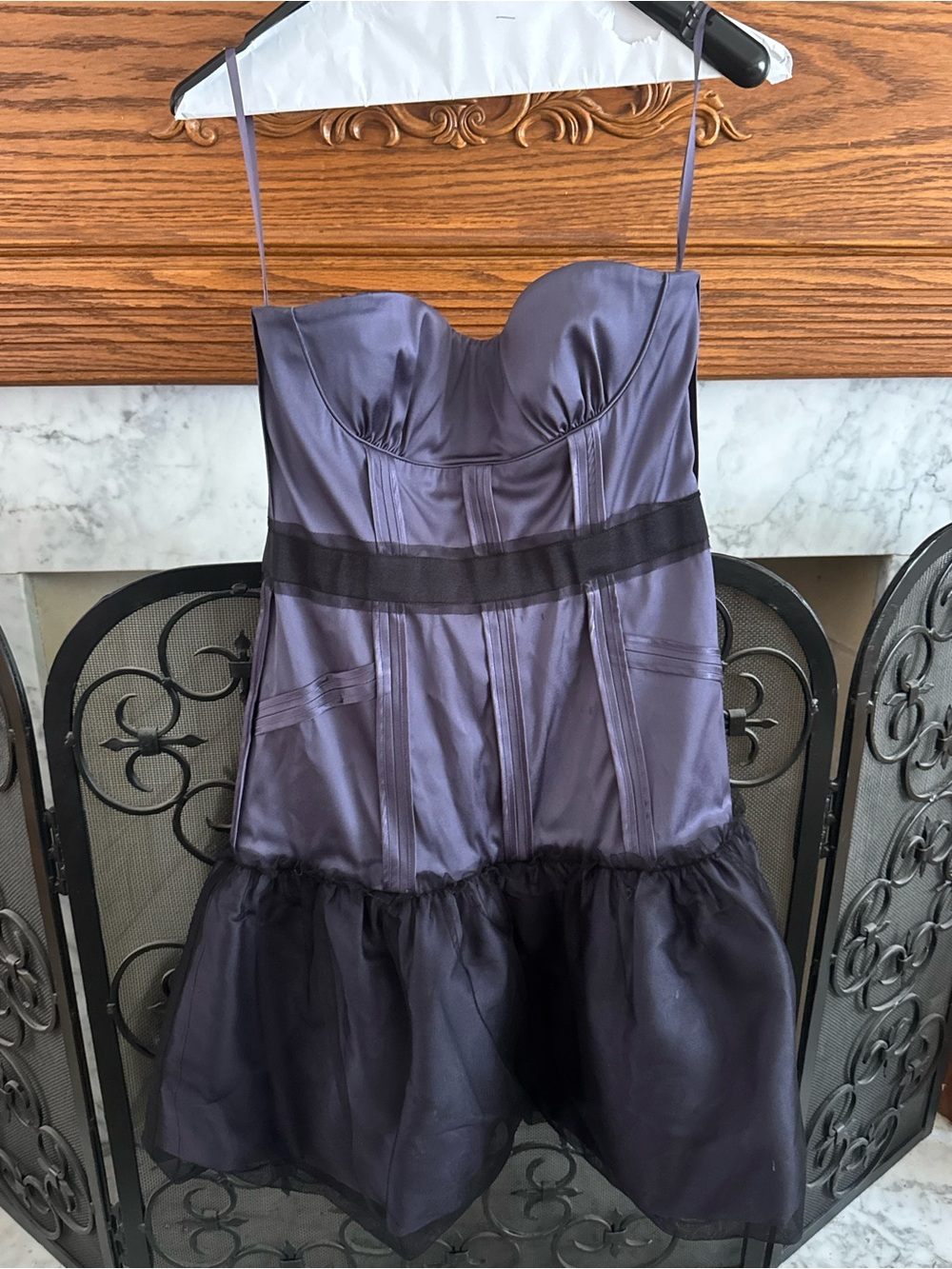 BCBGMaxAzria Strapless Purple Satin & Organza Cocktail Dress